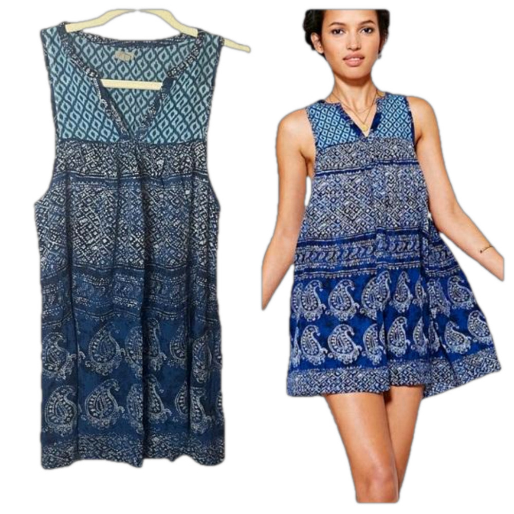 Urban Outfitters Ecote Blue Paisley Gauze Bohemian Frock Dress Tunic Size Small